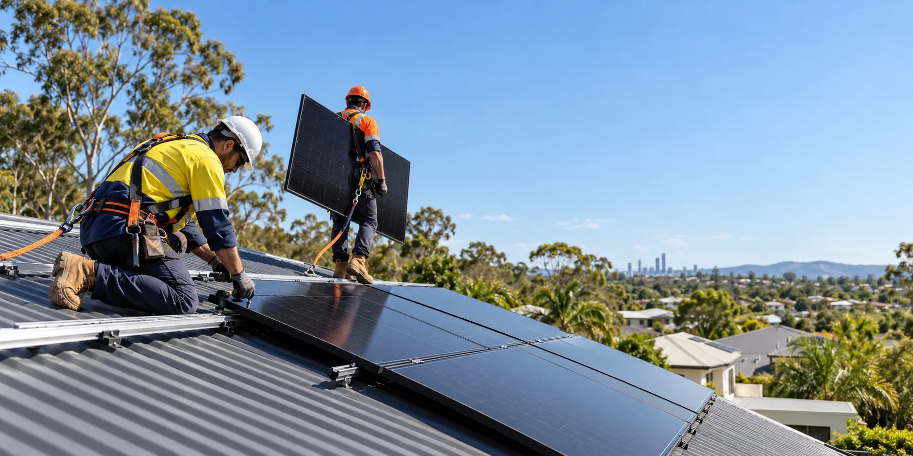 UVI Electrical team installing rooftop solar panels in Brisbane